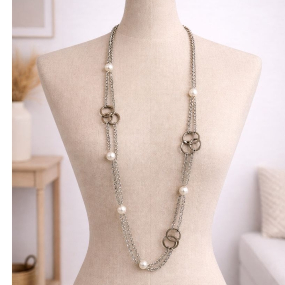 Lia Sophia Long Pearl &‎ Chain Necklace | Silver-Tone Statement